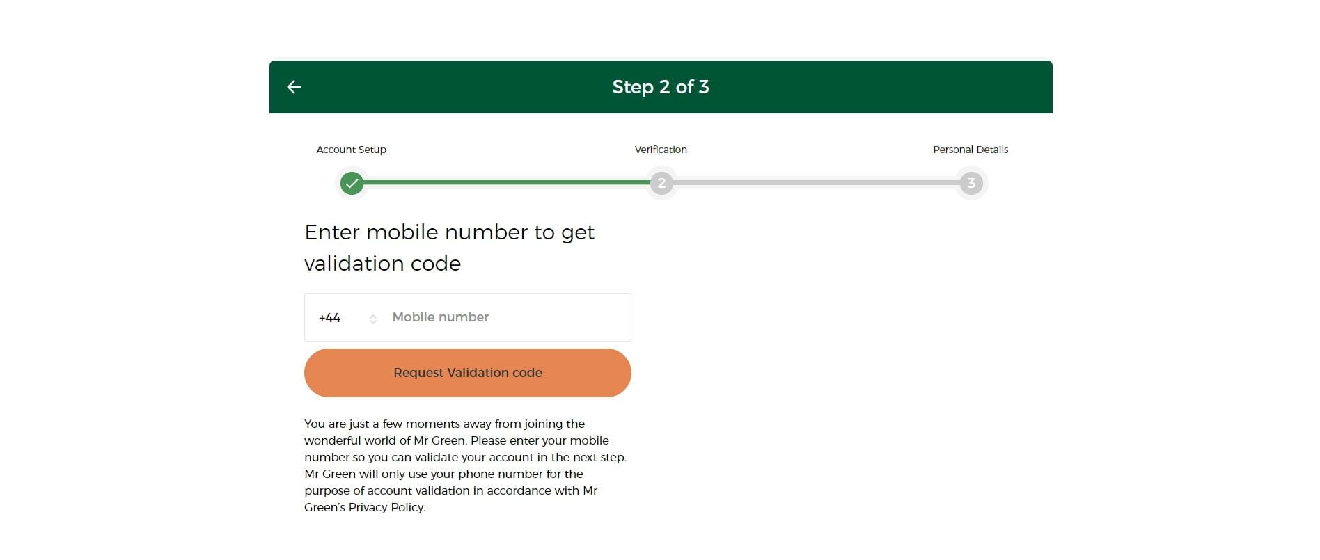 Mr Green Registration Form showing where to enter mobile number