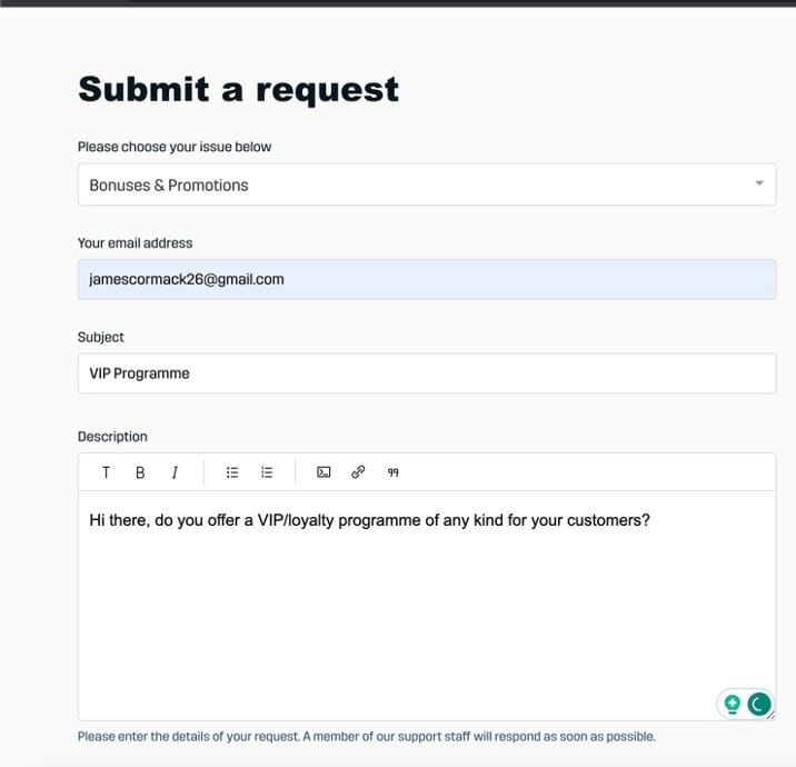 DAZN Bet customer service request form screenshot