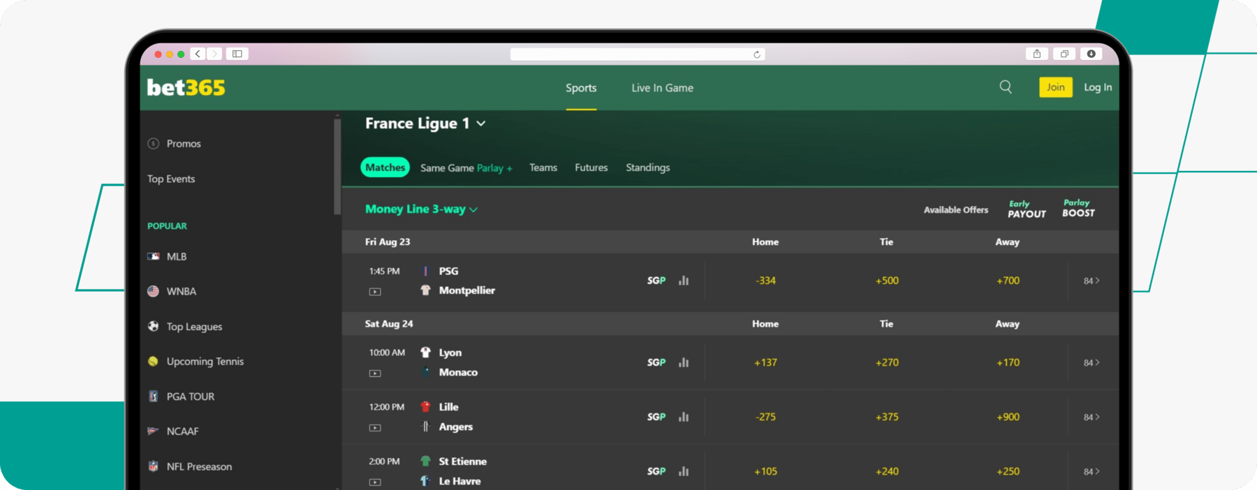 screenshot of bet365 ligue 1 odds